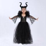 Disfraz de reina oscura de Halloween, disfraz de actuación escénica para niños con manga de encaje de malla