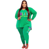 Plus Size Women Sports Casual Printed Top and Pant Two-piece Set