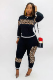 Women Fall and winter leopard print Patchwork long-sleeved top and Pant two-piece set