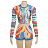 Fall Women Printed Casual Long Sleeve Top and Shorts Two-piece Set