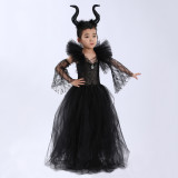 Disfraz de reina oscura de Halloween, disfraz de actuación escénica para niños con manga de encaje de malla