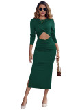 Women Casual Round Neck Hollow Solid Dress