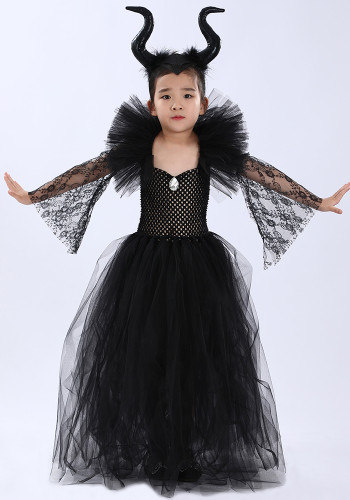 Halloween Dark Queen Costume Mesh Lace Sleeve Children's Stage Performance Costume