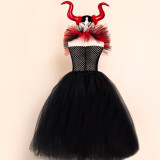 Halloween children's Maleficent witch dress with headband mesh dress two-piece set