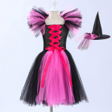 Halloween girls' mesh puffy dress with matching hat, children's witch performance costume