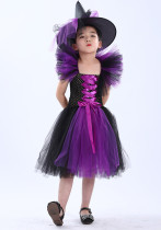 Vestido hinchado de malla para niñas de Halloween con sombrero a juego, disfraz de bruja para niños