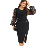 Women V-neck puff long-sleeved loose slit dress