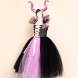 Vestido de bruja Maléfica infantil de Halloween con diadema vestido de malla conjunto de dos piezas