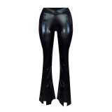 Women Fall Solid Bell Bottom Slit PU-Leather Pant