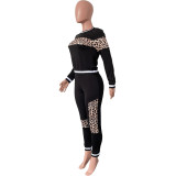 Women Fall and winter leopard print Patchwork long-sleeved top and Pant two-piece set