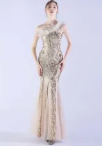 Elegant Beading And Feathers High-End Sequined Evening Dress