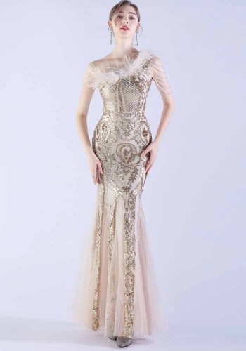 Elegant Beading And Feathers High-End Sequined Evening Dress