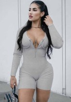 Fashionable Zipper U-Neck Long Sleeve Tight Fitting Jumpsuit Autumn Women's Solid Color Workout One Piece Overall Shorts