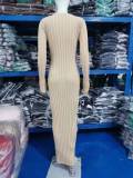 Autumn And Winter Knitting Dress Casual Slim Waist Round Neck Ribbed Slim Fit Knitting Long Dress For Women