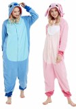 Pijama de peça única de animal de desenho animado de lã em lote azul e rosa para casa