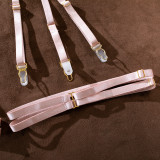 Conjunto de lencería de tres piezas con liga de cadena sexy transparente con flores bordadas
