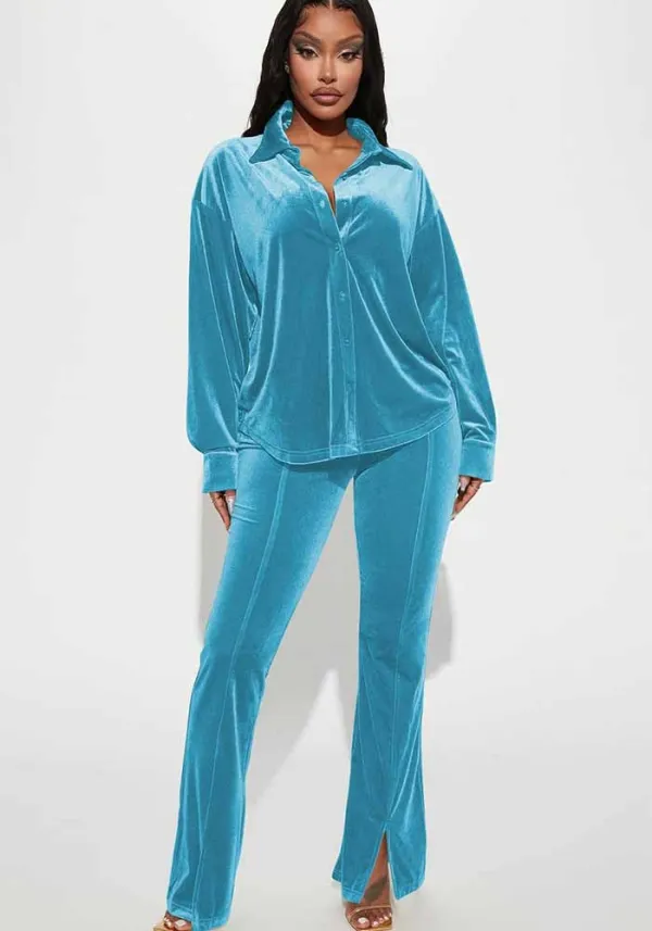 Women's Fashion Velvet Slit Two Piece Pants Set