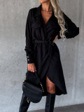 Vestido casual de manga larga con cinturón cruzado y cuello en V a la moda para mujer