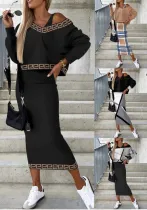 Autumn And Winter Fashion Bat Sleeves Top Slim Long Skirt Women Two Piece Set