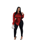Women's Satin Casual Slit Long Sleeve Chic Top
