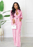 Women's Striped Printed Long-Sleeved Loose Straight Pants Two Piece Set