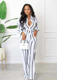 Women's Striped Printed Long-Sleeved Loose Straight Pants Two Piece Set
