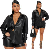 Women Casual Solid Pu Leather Long Sleeve Top and Shorts Two-piece Set