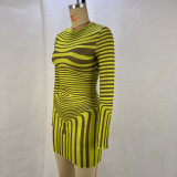 Women Autumn Striped Print Long Sleeve Bodycon Dress