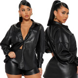 Women Casual Solid Pu Leather Long Sleeve Top and Shorts Two-piece Set
