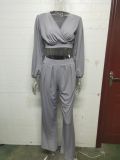 Plus Size Women V-neck long-sleeved Top and high-waisted loose wide-leg pants two-piece set