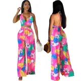 Women Sexy Printed Suspender Lace-Up Top and Pant Two-piece Set