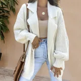 Women Solid Turndown Collar Long Sleeve Knitting Cardigan Sweater