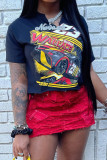 Camiseta feminina estampada solta de manga curta com decote em V
