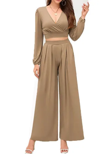 Plus Size Women V-neck long-sleeved Top and high-waisted loose wide-leg pants two-piece set