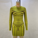 Women Autumn Striped Print Long Sleeve Bodycon Dress