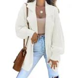 Women Solid Turndown Collar Long Sleeve Knitting Cardigan Sweater