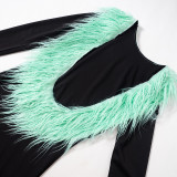 Women's Autumn Fur Collar Patchwork Solid Color Casual Low Back Long Sleeve Slim Dress