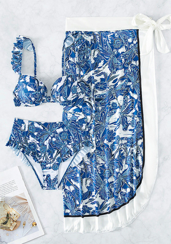 Bedruckter zweiteiliger Badeanzug für Damen, Retro-Einteiler, Slim-Fit-Bademode, Chiffon-Strandrock