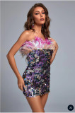 Strapless Slim Fit Feather Tight Fitting Sequin Bodycon Mini Dress