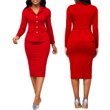 Conjunto de falda de dos piezas para mujer profesional de manga larga de color sólido sexy y de moda