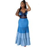 Women's Patchwork Colorblock Sexy Pleated Two-Piece Skirt Set