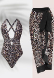 Leopardenmuster, sexy, tiefer V-Ausschnitt, einteiliger Badeanzug, Netzrock für Damen