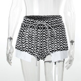Strapless Sexy Hollow Cropped Top High Waist Drawstring Striped Contrast Slit Shorts Set