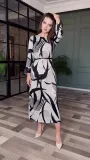 Women's Autumn Fashion Chic Elegant Printed Long Sleeve Split Midi Dress