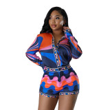 Women's Autumn Style Printed Long Sleeve Shirt And Shorts Two-Piece Set