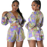 Sexy And Fashionable Print Long-Sleeved Women's Top Shorts Two-Piece Set