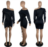 Sexy Damen-Kleid mit Schlitz an der Schulter, Rüschen und Kordelzug