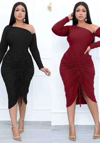Women's Spring Fashion Sexy Slash Shoulder Drawstring Slit Dress