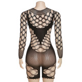 Sexy doorschijnende mesh-jumpsuit met hoge taille en lange mouwen, strak aansluitend