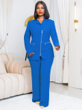 Women's Fall/Winter Solid Color Turndown Collar Multi-Zip Blazer Pants Two Piece Suit